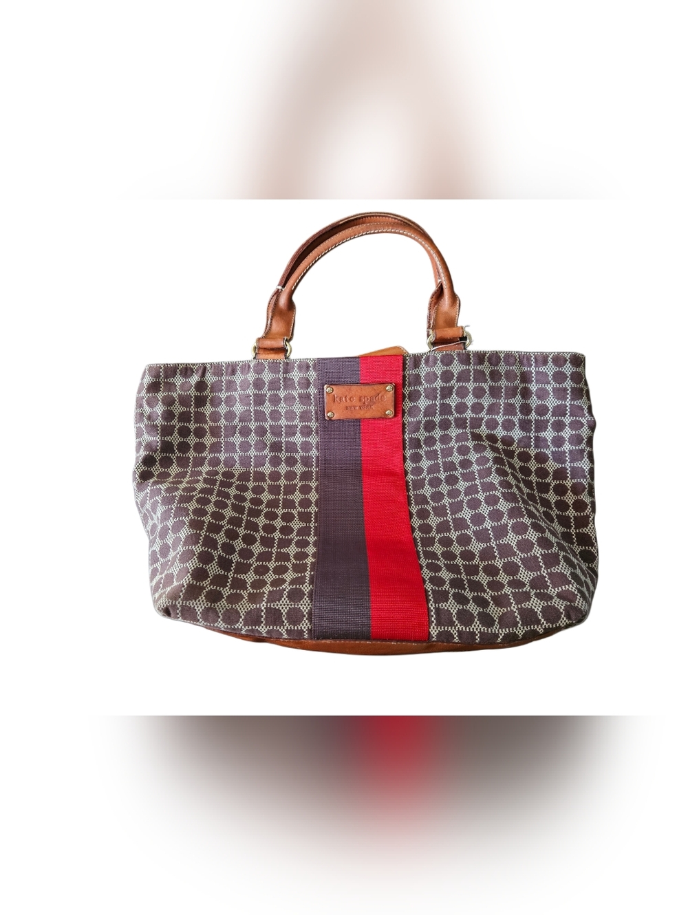 Kate Spade Noel Dot Jacquard Tote Bag Brown Red Stripe Leather Trim - Picture 2 of 10